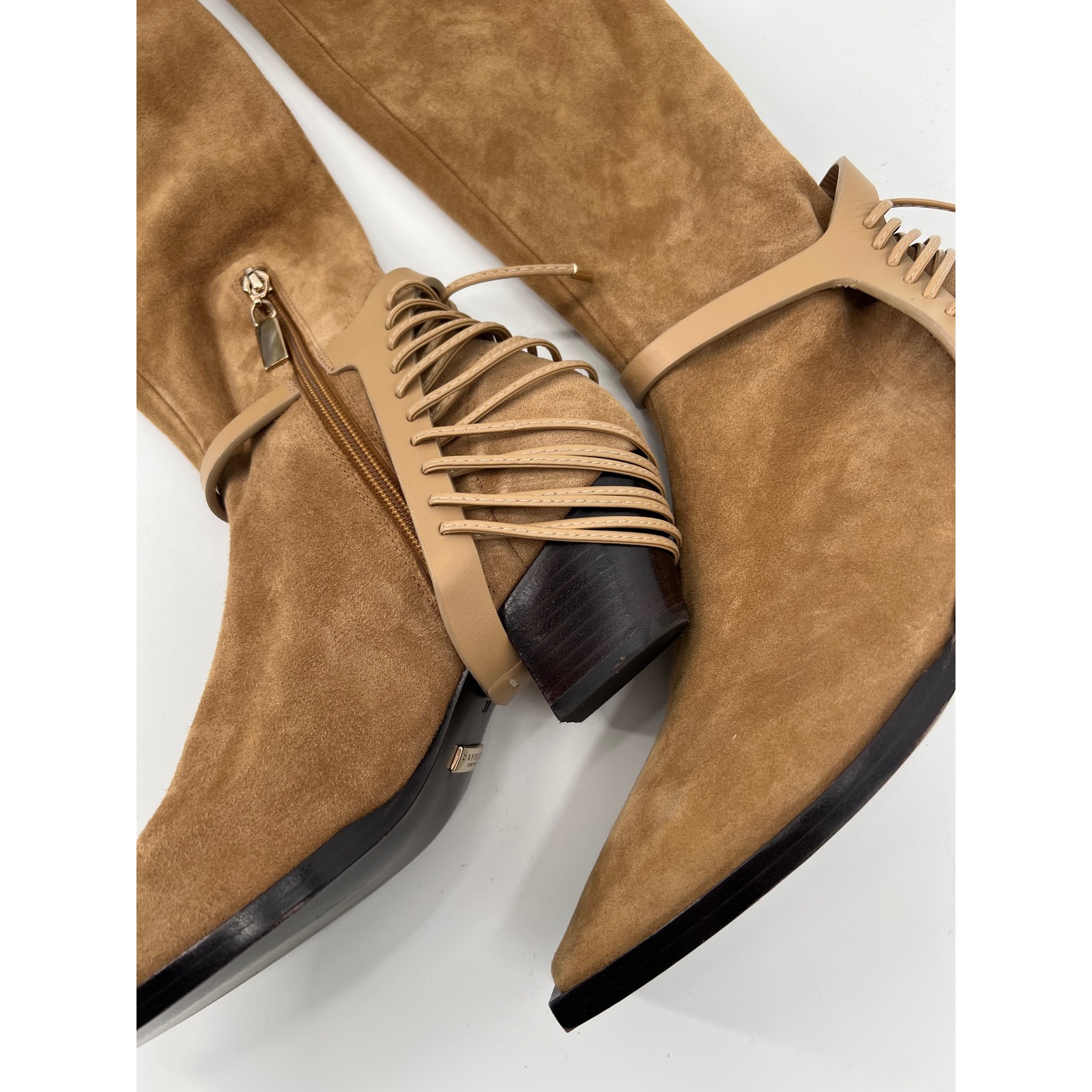 Daniella Shevel Tan Suede Tall Boots Lace Up Heel Harness Pointed Toe Sz 38 Nwot — image 3 of 8
